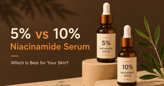 Two amber glass bottles labeled 5% and 10% Niacinamide Serum next to text: 5% vs 10% Niacinamide Serum, Which Is Best for Your Skin?