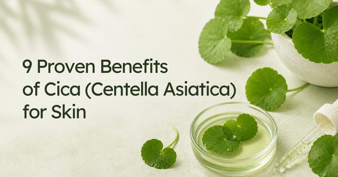 Green Centella Asiatica leaves in a bowl, petri dish, and glass dropper next to text: 9 Proven Benefits of Cica for Skin.