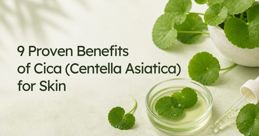 Green Centella Asiatica leaves in a bowl, petri dish, and glass dropper next to text: 9 Proven Benefits of Cica for Skin.