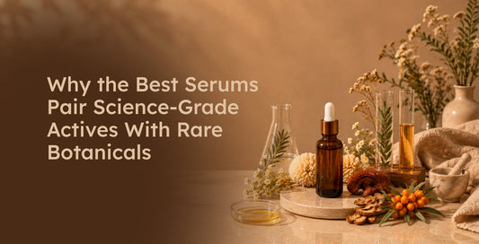 Why the Best Serums Pair Science-Grade Actives With Rare Botanicals. Skincare serum bottle surrounded by laboratory glassware and herbs.