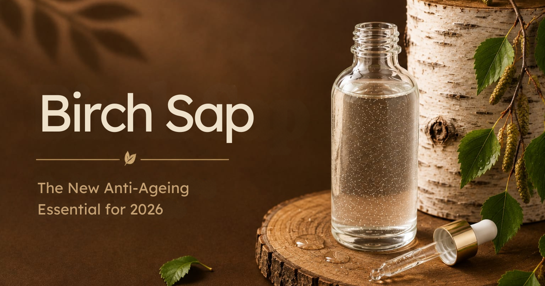 A glass bottle containing birch water, a dropper, and a birch log next to text: Birch Sap: The New Anti-Ageing Essential for 2026.