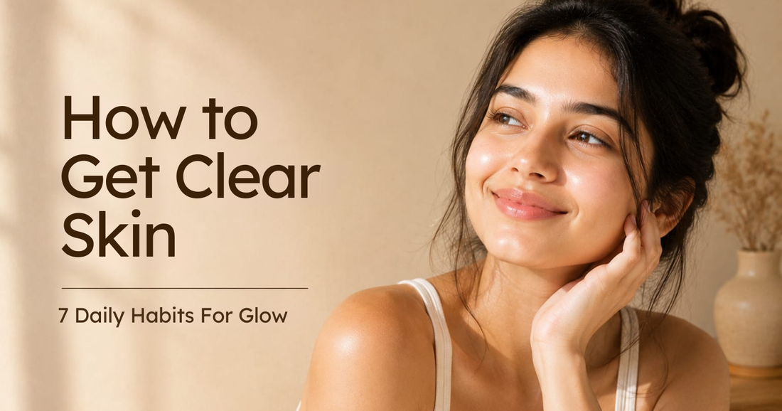 A smiling woman with radiant skin looking away next to text: How to Get Clear Skin: 7 Daily Habits for Glow.