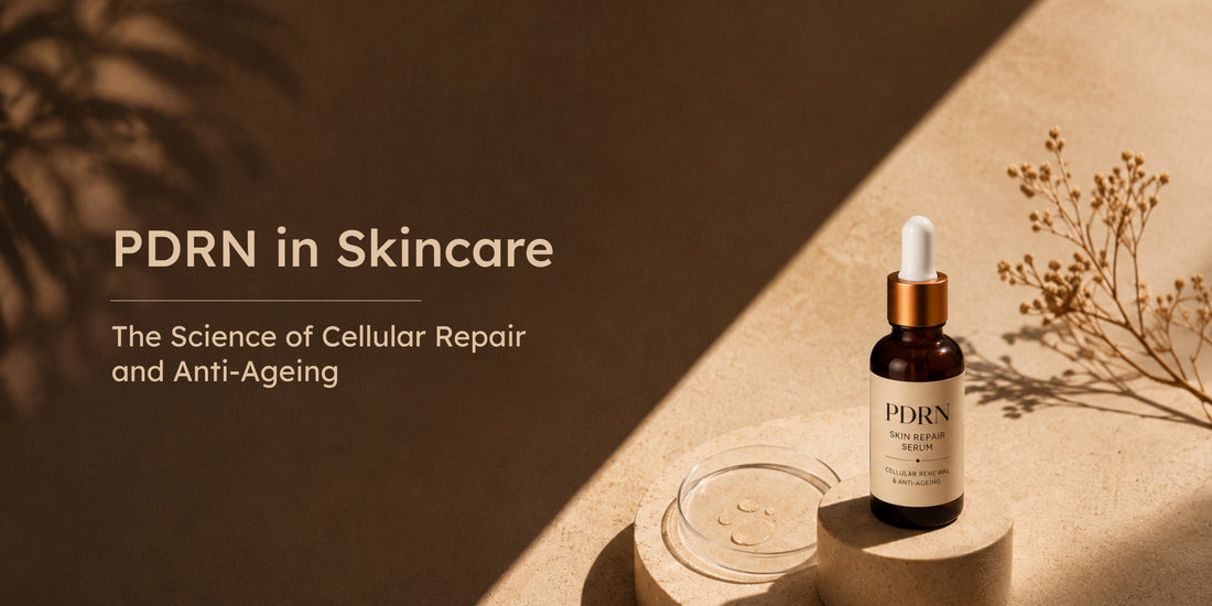 An amber PDRN serum bottle on a stone pedestal near a petri dish and dried flowers next to text: PDRN in Skincare.