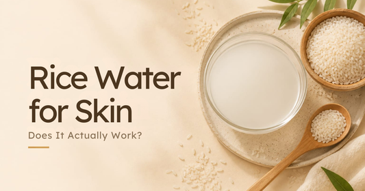 Two bowls containing rice water and raw rice grains next to text: Rice Water for Skin. Does It Actually Work?