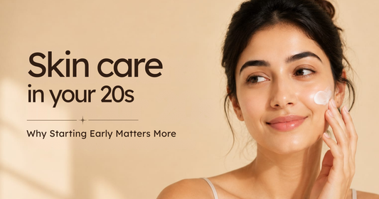 A smiling woman in her 20s applying face cream next to text: Skin care in your 20s: Why Starting Early Matters More.