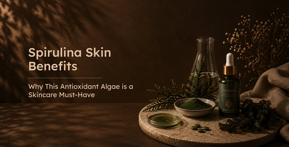 Spirulina Skin Benefits: Why This Antioxidant Algae is a Skincare Must-Have. A spirulina serum bottle next to green powder and laboratory glassware.