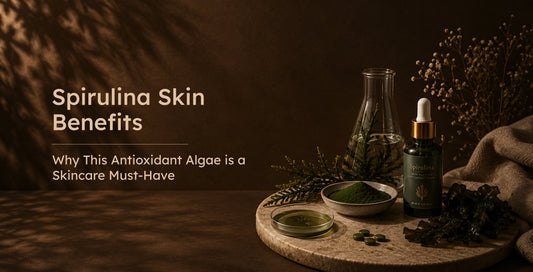 Spirulina Skin Benefits: Why This Antioxidant Algae is a Skincare Must-Have. A spirulina serum bottle next to green powder and laboratory glassware.