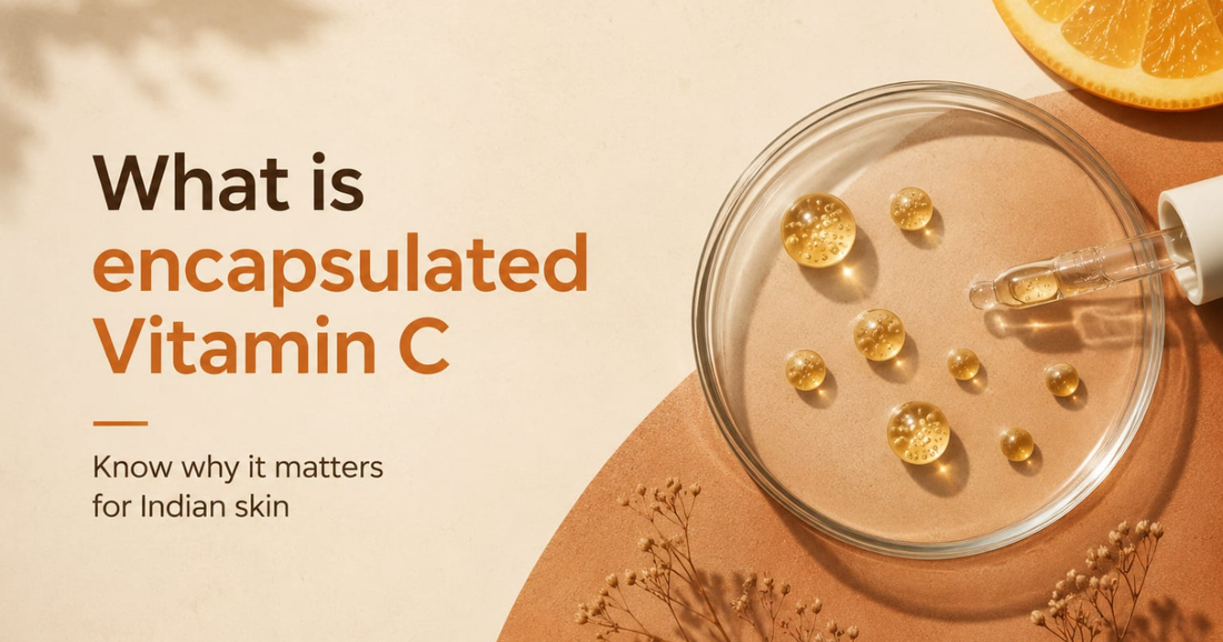 Petri dish with golden droplets and text: What is encapsulated Vitamin C, and why it matters for Indian skin.
