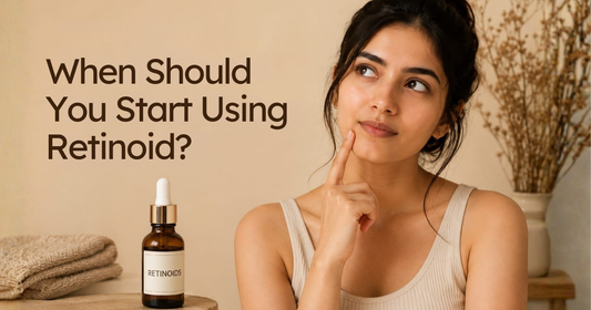 A thinking woman looking up next to a Retinoids serum bottle with text: 'When Should You Start Using Retinoid?'